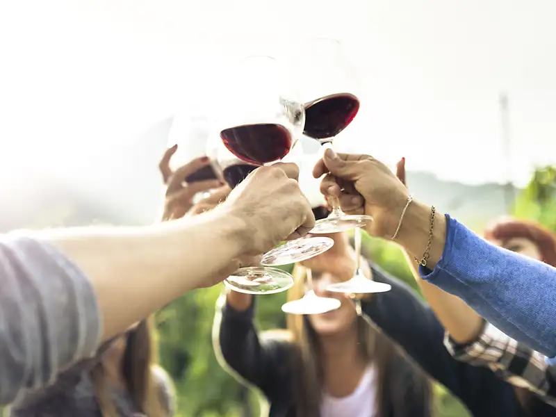 Stoßen wir mit Wein auf unsere Reise an.