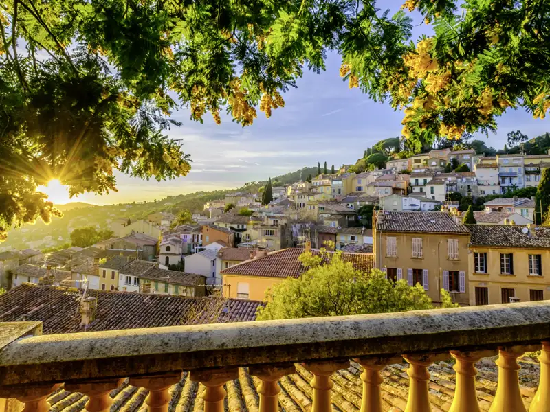 Auf unserer Rundreise mit Studiosus durch Frnakreich bewundern wir diesen abendlichen Blick von einer Terrasse über die Dächer von Bormes-les-Mimosas, umrahmt von blühenden Mimosenzweigen.