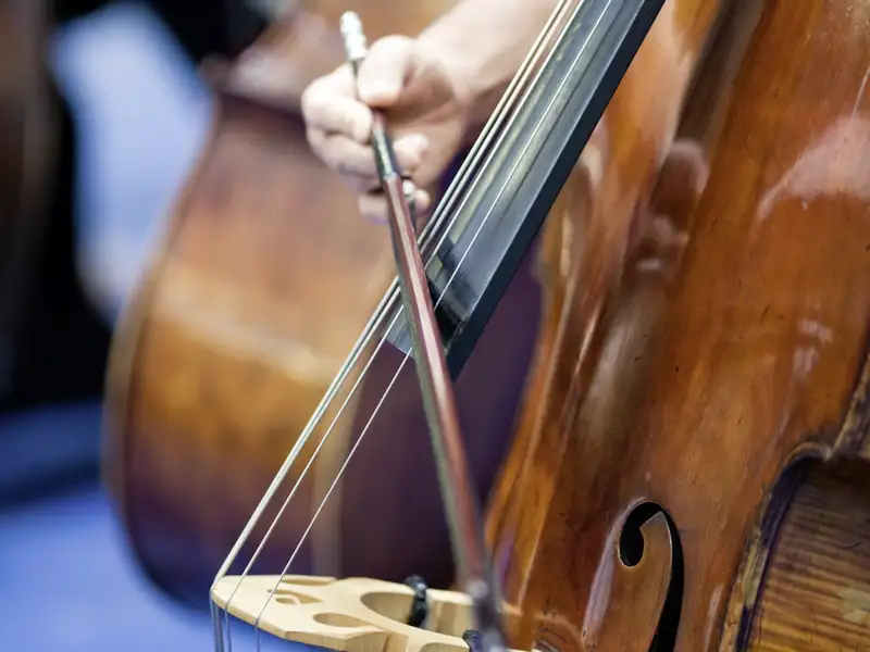 Detailaufnahme eines Cellisten, der sein Instrument spielt, als Beispiel für eine kulturelle Leistung, die im Rahmen der Eventreise angeboten wird.