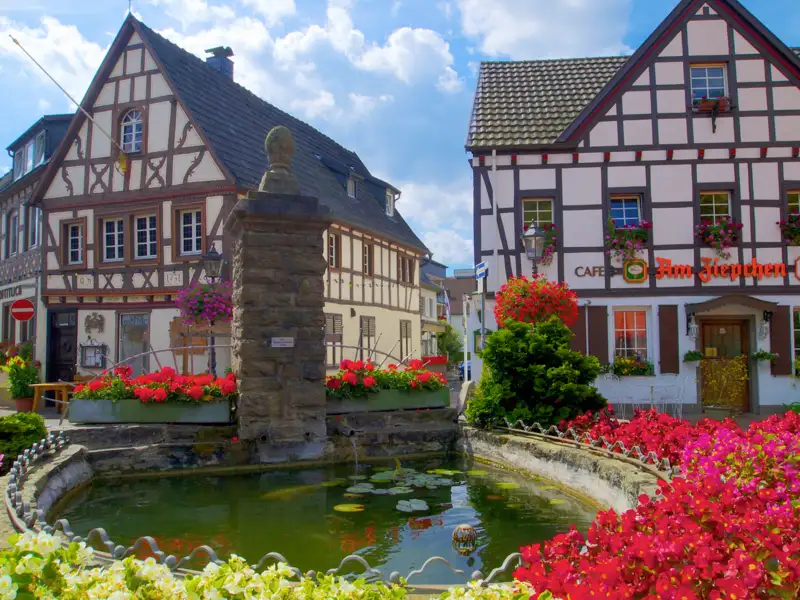 Blumengeschmückter Brunnen im historischen Zentrum von Rhöndorf mit Blick auf traditionelle Fachwerkhäuser sehen wir auf unserer Gruppenreise mit Studiosus.