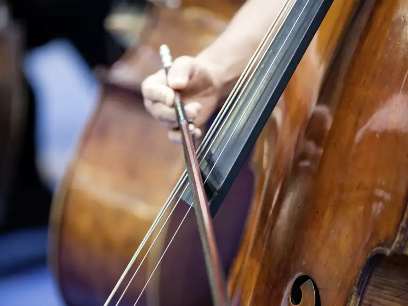 Detailaufnahme eines Cellisten, der sein Instrument spielt, als Beispiel für eine kulturelle Leistung, die im Rahmen der Eventreise angeboten wird.
