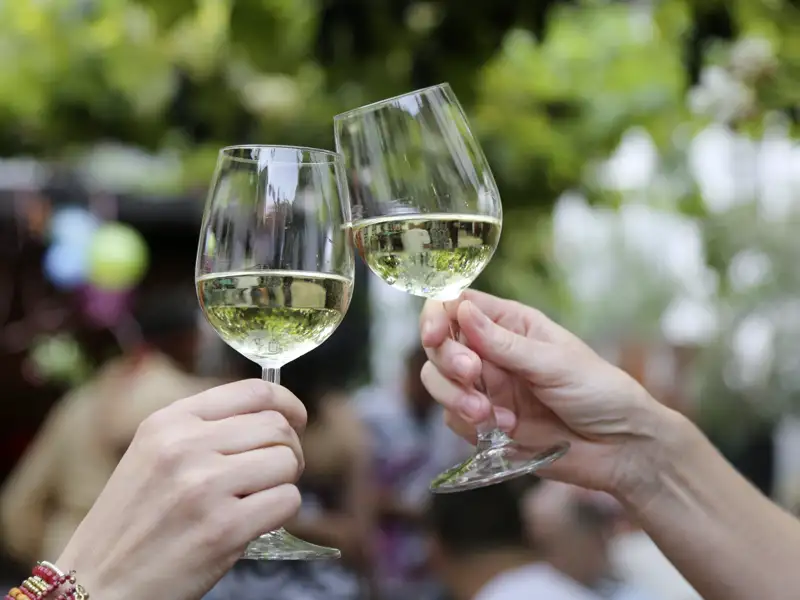 Genießen Sie auf Ihrer Gruppenreise mit Studiosus in einem Wiener Heurigen traditionellen  Weißwein, Geselliger Ausklang der Reise.