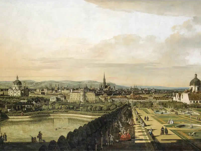 Gemälde von Bernardo Bellotto mit dem Blick vom Schloss Belvedere auf die Stadt Wien und den Stephansdom im 18. Jahrhundert.