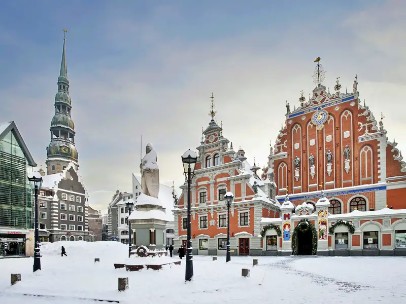 Auf unserer Studiosus Rundreise erkunden wir gemeinsam in der Gruppe die Altstadt von Riga und bewundern die verschneite Petrikirche
