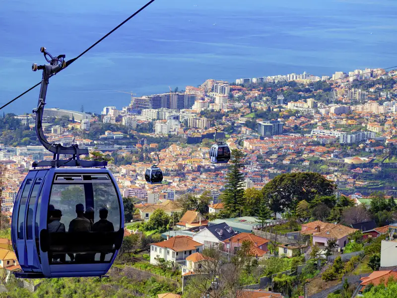 Schweben Sie im Laufe Ihrer Gruppenreise mit einer blauen Seilbahngondel über Funchal mit Panoramablick auf die Stadt und den Atlantik auf Madeira.