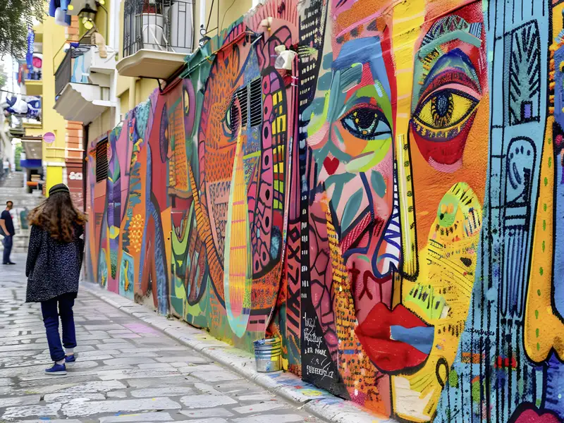 Spazieren Sie durch ein Szeneviertel in Athen und betrachten während Ihrer Eventreise eine lange Hauswand mit farbenfroher Street-Art.