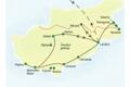 Die Reiseroute über die Insel Zypern startet in Larnaca und führt u.a. über Salamis, Nikosia, Galata, Paphos, Limassol und Chirokitia wieder zurück nach Larnaca.