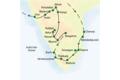 Reiseroute der umfassenden Studienreise durch Südindien: Nach Ankunft in Chennai Fahrt nach Mahabalipuram. Von dort Richtung Süden nach Tanjore, Srirangam, Madurai, dann durch Kerala von Thekkady über den Vembanadsee nach Kochi, im Anschluss durch Karnataka, Mysore, Chikmagalur, Hampi und Badami nach Goa