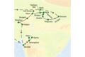 Die Karte zeigt die Route unserer 18-tägigen Klassik-Studienreise Indien - Höhepunkte: Delhi, Varanasi, Khajuraho, Gwalior, Dholpur, Agra, Fatehpur Sikri, Fort Amber, Jaipur, Deogarh, Ranakpur, Udaipur, Aurangabad, Ellora, Ajanta, Mumbai.