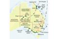 Die Karte zeigt den Verlauf der Australien-Naturerlebnisreise mit Fokus auf die Natur des Landes: Sydney, Blue Mountains, Cairns, Great Barrier Reef, Daintree-Nationalpark, Ayers Rock, Kings Canyon, Alice Springs, Adelaide, Kangaroo Island, Melbourne.