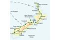 Die Karte zeigt den Verlauf unserer vierwöchigen Studienreise mit Muße durch Neuseeland: Christchurch, Dunedin, Te Anau, Milford Sound, Queenstown, Franz Josef, Punakaiki, Nelson, Picton, Wellington, Tongariro, Taupo, Rotorua, Paihia, Auckland.
