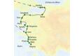 Die Landkarte zeigt die Reiseroute durch die Westtürkei: von Istanbul über Bursa an der Ägäisküste entlang nach Troia, Pergamon und Ephesus.