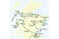 Die Reiseroute der Studienreise Schottland – die umfassende Reise: Die Reise beginnt in Edinburgh und besucht unter anderem St Andrews, Pitlochry, Aberdeen, Inverness, die Insel Skye, Fort William, die Insel Mull, Stirling, Melrose und Selkirk.