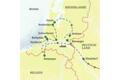 Karte der Studienreise als Kreuzfahrt in die Niederlande und Belgien. Route von Düsseldorf über Antwerpen, Rotterdam und Amsterdam.
