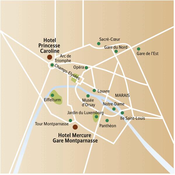 Auf dem Stadtplanausschnitt von Paris sehen Sie die beiden Hotels zur Auswahl für Ihre sechstägige Städtereise, das Princesse Caroline und das Mercure Gare Montparnasse.