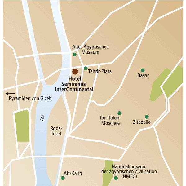 Der Stadtplan von Kairo mit den wichtigsten Punkten der CityLights-Städtereise: Hotel Semiramis InterContinental, Altes Ägyptisches Museum, Zitadelle, Basar und Ibn-Tulun-Moschee.