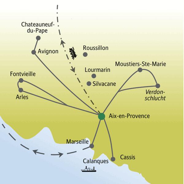 Vom bezaubernden Aix-en-Provence aus erkunden wir auf Tagesausflügen die schönsten Orte der Provence: Arles, Avignon und  Cassis. Dazu auf Wunsch den Naturpark Luberon. Auch ein Ausflug in die spektakuläre Vedonschlucht steht auf dem Programm.
