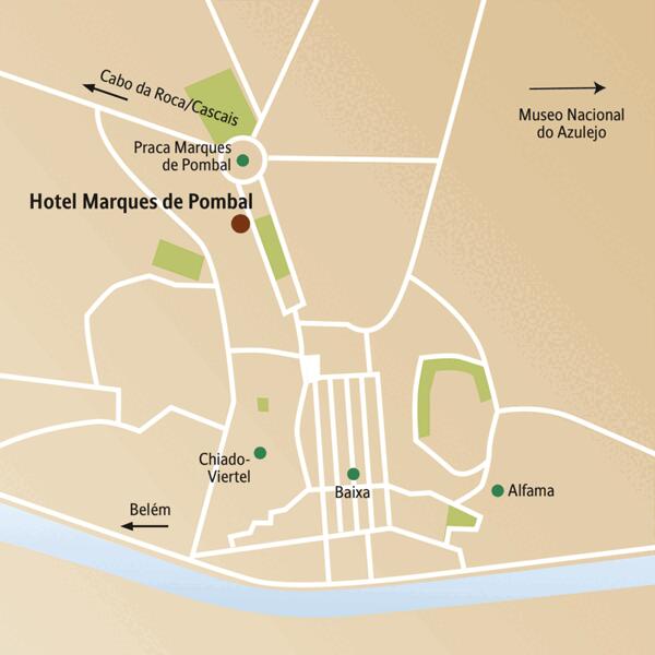 Die Karte zeigt die Innenstadt von Lissabon und wichtige Punkte unserer Silvesterreise für Singles und Alleinreisende, wie das Hotel Marques de Pombal, Baixa, Alfama, Chiado.