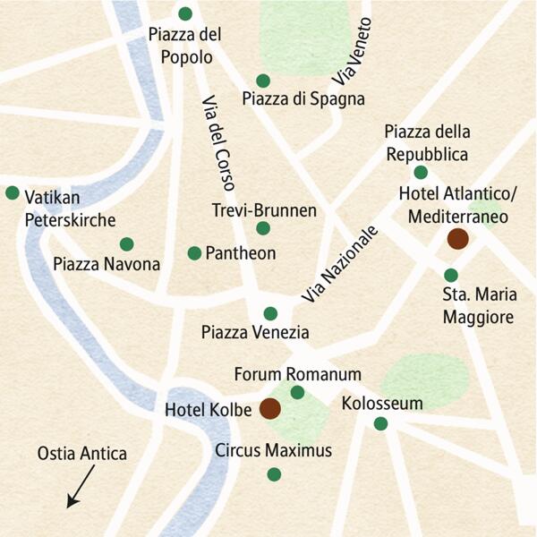 Der Stadtplan von Rom mit den wichtigsten Sehenswürdigkeiten unserer Familien-Studienreise, wie z.B. Forum Romanum, Vatikan, Kolosseum und Pantheon.