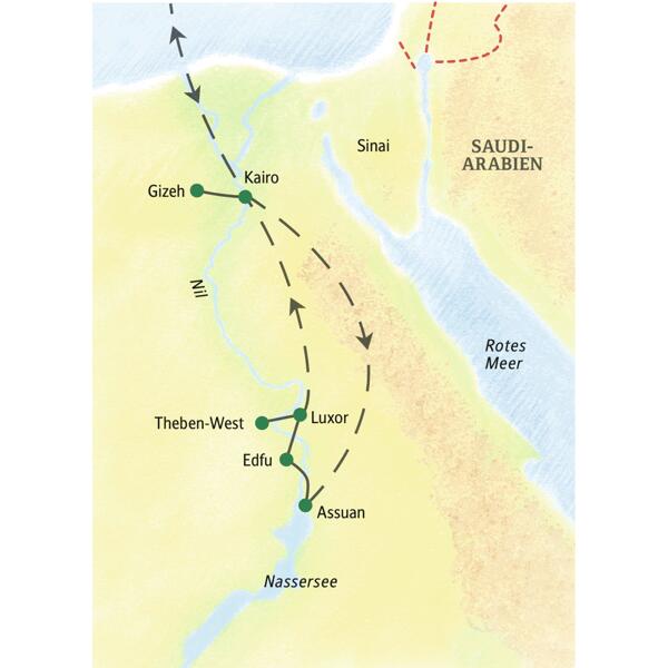 Die family-Reise von Studiosus nach Ägypten umfasst Aufenthalte in Kairo, Gizeh, Assuan, Edfu, Luxor und Theben-West.