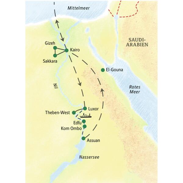 Auf der Kreuzfahrt-Studienreise Ägypten - Höhepunkte mit Nilkreuzfahrt kommen Sie nach Kairo, Gizeh, Sakkara, Luxor, Theben-West, Edfu, Kom Ombo und Assuan.