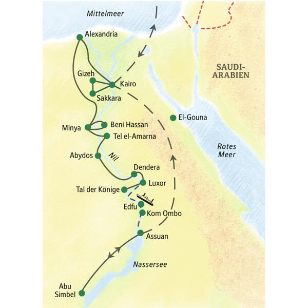 Die Route unserer 17-tägigen klassischen Studienreise durch Ägypten führt am Nil entlang von Kairo über Luxor nach Assuan. Wir sehen auch Abu Simbel.