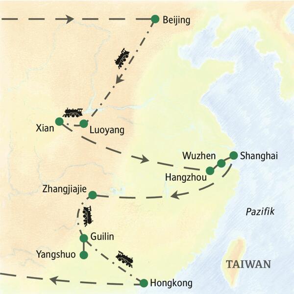 Bei der  umfassenden Studienreise nach China von Studiosus  sind u.a. Beijing, Xian, Luoyang, Shanghai, Wuzhen, Hangzhou, Zhangjiajie, Guilin, Yangshuo und Hongkong Stationen.