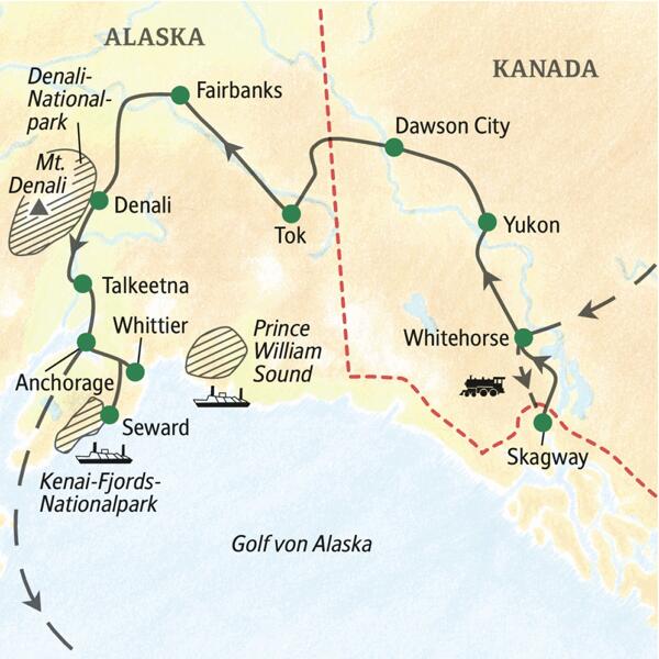 In gut zwei Wochen mit Studiosus zu den Highlights im kanadischen Yukon und in Alaska. Mit Denali-Nationalpark und erlebnisreichen Bootsfahrten im Prince William Sound zur Tierwelt im maritimen Teil von Alaska.