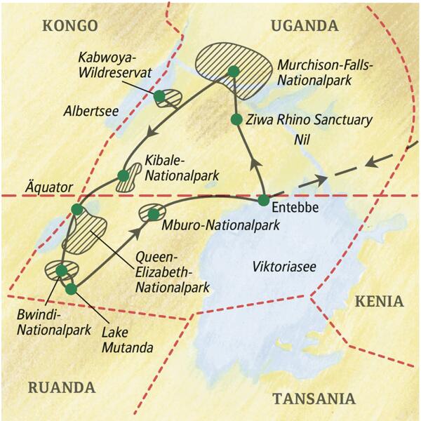 Einige Stationen der Studiosus-Naturerlebnisreise durch Uganda - mit Gorilla-Tracking: Entebbe, Ziwa Rhino Sanctuary, Kabwoya-Wildreservat, Kibale-, Bwindi- und Mburo-Nationalpark sowie Lake Mutanda.