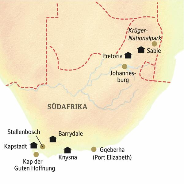 Stationen unserer Rundreise in kleiner Gruppe durch Südafrika:  Sabie, Pretoria, Knysna, Barrydale und Constantia bei Kapstadt.