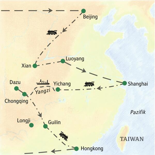 Bei der umfassenden China-Reise mit Yangzi von Studiosus kommen Sie unter anderem nach  Beijing, Xian, Luoyang, Shanghai, Yichang, Chongqing, Guilin, Shenzen und Hongkong.