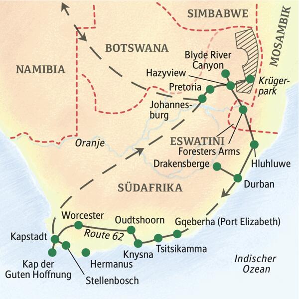 Diese ausführliche, dreiwöchige Studienreise von Studiosus bringt Ihnen Südafrika in all seinen Facetten nahe. Ob Eswatini, Zululand, die Drakensberge oder der Krüger-Nationalpark: Die Vielfalt der Menschen, Landschaften und Tierwelten wird Sie begeistern!
