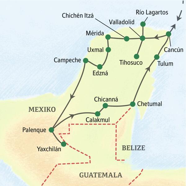 Unsere Reiseroute durch Mexiko startet in Cancún und führt über Chichén Itzá, Uxmal, Campeche, Palenque, Calakmul und Chetumal zurück zu unserem Ausgangspunkt. Auf Ausflügen erleben Sie auch authentische Mayakultur in Tihosuco, entdecken Yaxchilán und unternehmen Bootsfahrten im Biosphärenreservat Ría Lagartos und auf der Lagune von Bacalar.