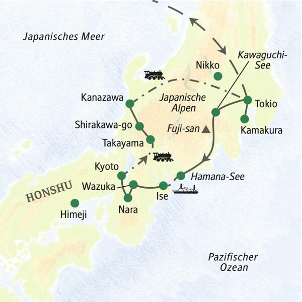 Die Höhepunkte der japanischen Hauptinsel in einer 14-tägigen Studienreise kombiniert. Mit Gelegenheit zu zwei Ausflügen nach Nikko und  Himeji.