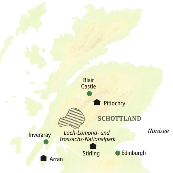 Die Karte zeigt die Hotelstandorte und Highlights unserer Schottlandreise in kleiner Gruppe: Edinburgh, Pitlochry, Blair Castle, Arran, Stirling und Inveraray.