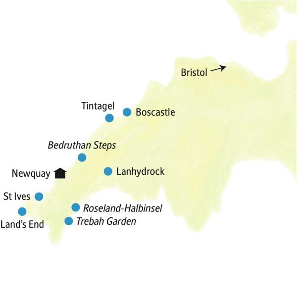 Die Karte zeigt den Hotelstandort und die Highlights unserer Cornwall-Reise in kleiner Gruppe, wie Boscastle, Bedruthan Steps, Newquay, St Ives, Land's End, Trebah Garden, Lanhydrock.