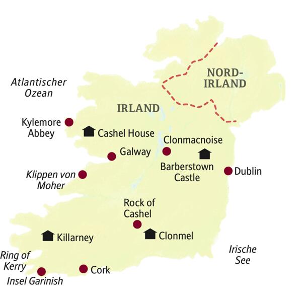Unsere Reiseroute durch Irland führt über Dublin, Barberstown Castle, Clonmacnoise, Galway, Cashel House, Kylemore Abbey, die Klippen von Moher über Killarney, Ring of Kerry, Cork bis nach Rock of Cashel und Clonmel.