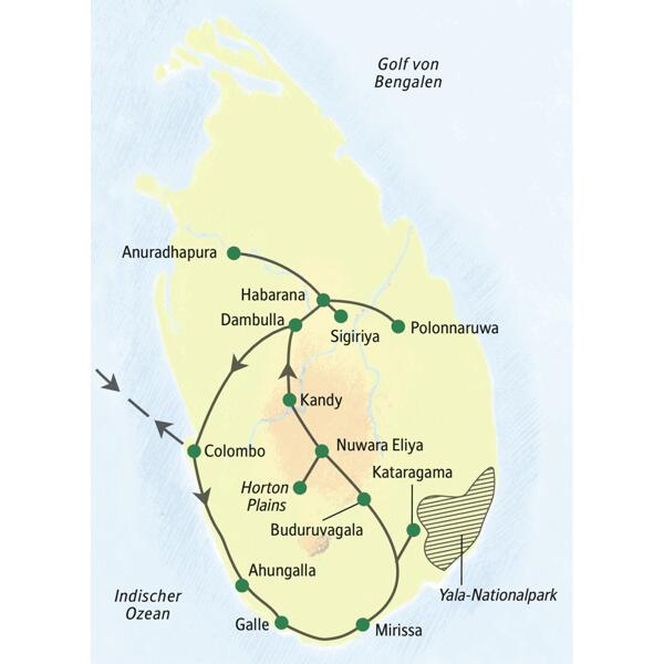 Die Reiseroute dieser 16-tägigen Studienreise führt von Colombo über Galle, Mirissa, Kataragama und Habarana wieder zurück nach Colombo.