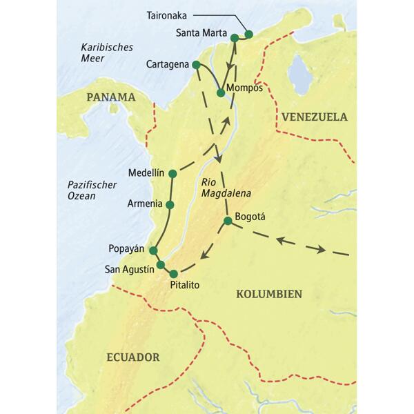 Die Route unserer Studienreise durch Kolumbien beginnt in Bogotá, führt über Pitalito, San Augustín, Popayán, Armenia, Medellín, Santa Maria, Mompós nach Cartagena.