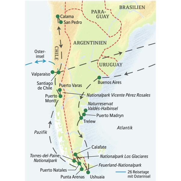 Die Route unserer Naturerlebnis-Studienreise durch Argentinien und Chile startet in Buenos Aires und führt über Puerto Madryn, Ushuaia, Calafate, Puerto Natales, Punta Arenas, Puerto Varas und San Pedro de Atacama bis nach Santiago de Chile und - wenn Sie die Verlängerung buchen - als zusätzlichen Höhepunkt auf die Osterinsel!