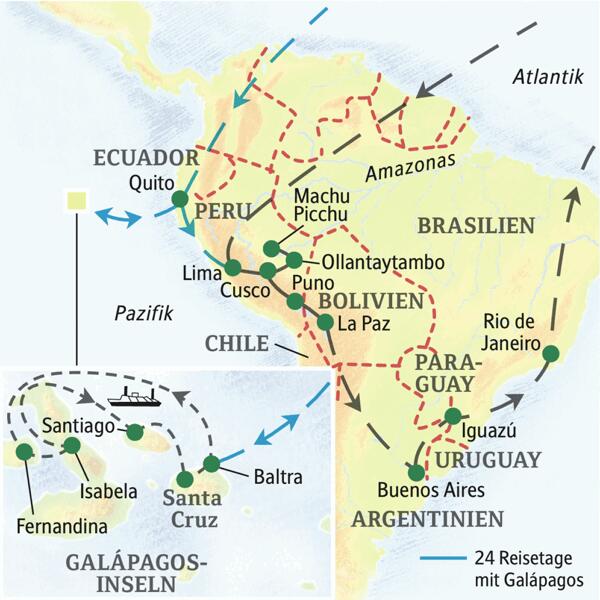 Unsere Reiseroute auf dieser Studienreise durch Südamerika startet in Lima, führt über  Ollantaytambo, Cusco, Puno, Buenos Aires und Iguazú bis nach Rio de Janeiro. Und wer mag, besucht zuvor die Galápagos-Inseln.