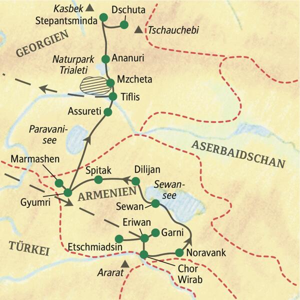 Unsere Reiseroute durch Armenien und Georgien startet in Eriwan und führt über Dilijan und Gyumri bis nach Tiflis. Auch Sewansee und Stepantsminda erleben wir auf unserer 14-tägigen Wander-Studienreise.
