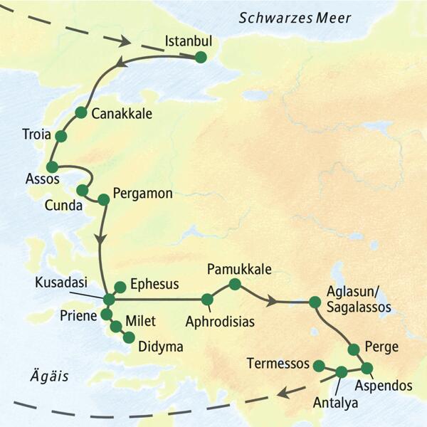 Die Karte zeigt die Route der Klassik-Reise durch die Westtürkei - von Istanbul entlang der Ägäisküste über Pamukkale nach Antalya.