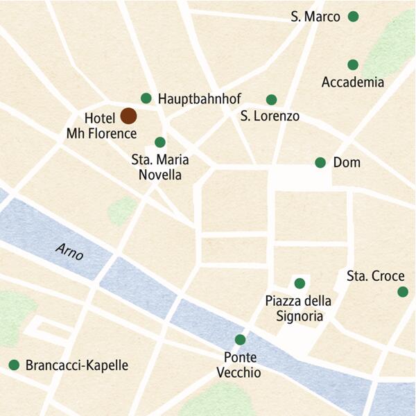 Der Stadtplan von Florenz zeigt neben der zentralen Lage unseres Hotels Mh Florence die wichtigsten Sehenswürdigkeiten, die auf dieser Klassik-Studienreise besucht werden: Sta. Maria Novella, Ponte Vecchio, Sta. Croce, Accademia, Brancaccikapelle u. a. m.