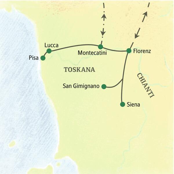 Diese achttägige Studienreise in die Toskana mit sieben Nächten in Montecatini Terme zeigt Ihnen die Höhepunkte der Region: Florenz, Siena, Lucca, Pisa, San Gimignano und das Chianti.