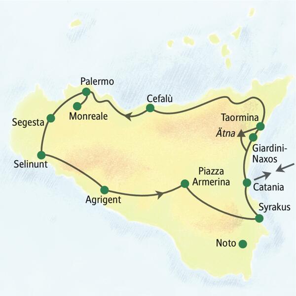Unsere Reiseroute durch Sizilien startet in Catania und führt über Cefalù, Palermo, Segesta, Selinunt, Agrigent und Syrakus zurück zum Ausgangspunkt. Auch zum Ätna und nach Taormina bringt uns unsere Studienreise mit Muße.