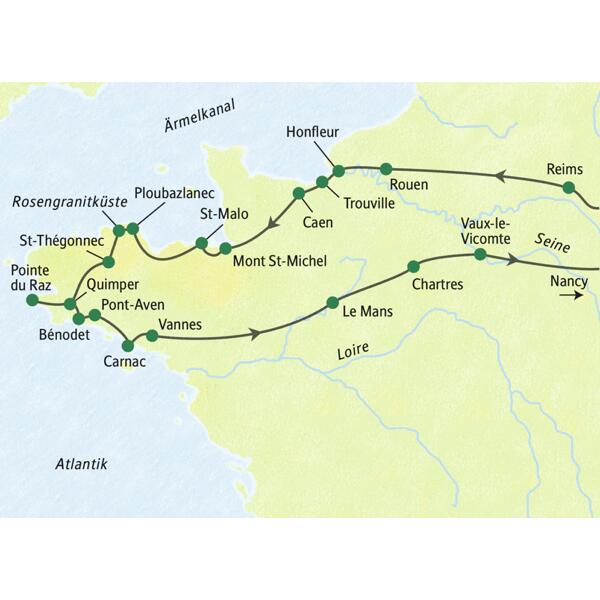 Die Reiseroute der Studienreise in die Normandie und in die Bretagne führt u.a. über Reims, Honfleur, St-Malo, Pointe du Raz, Carnac,Vannes und Chartres nach Nancy.