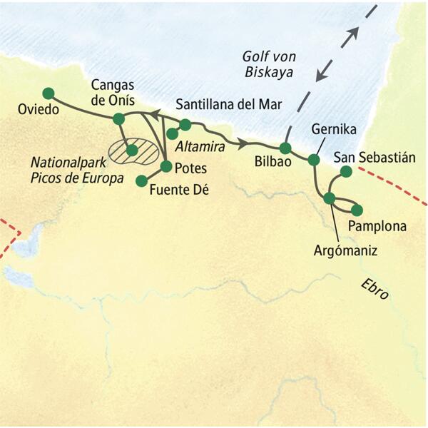 Wichtigste Stationen dieser zehntägigen Studienreise durch Nordspanien: Bilbao, Oviedo, Picos de Europa, Altamira, San Sebastián und Pamplona.