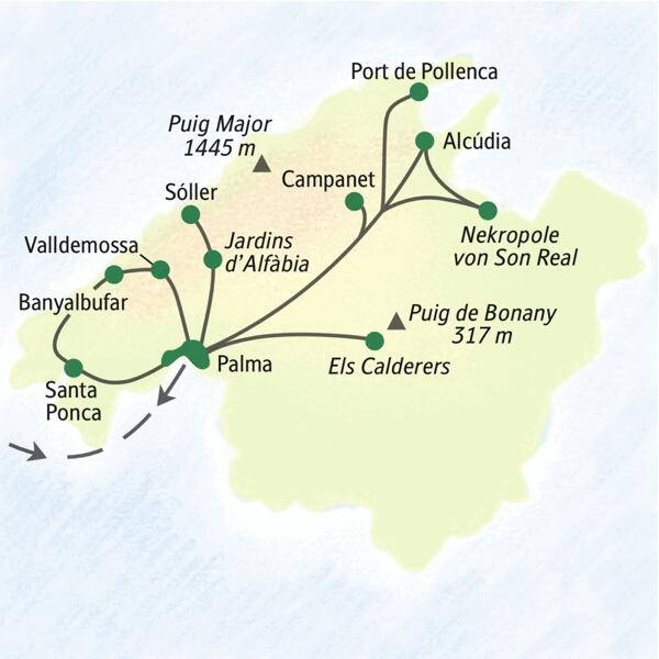 Wichtigste Stationen dieser Reise zum Wandern auf Mallorca: Santa Ponca, Alcúdia, Palma, Sóller und Valldemossa