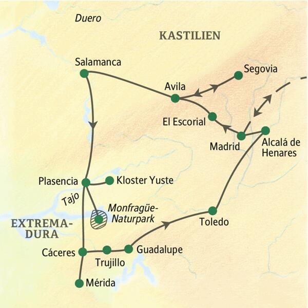 Unsere Reiseroute durch Kastilien und die Extremadura startet in Madrid und führt über Avila, Segovia, Salamanca, Plasencia, Cáceres, Guadalupe und Toledo.